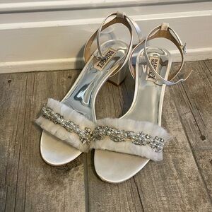 White block heels - ruffle straps rhinestone and pearls